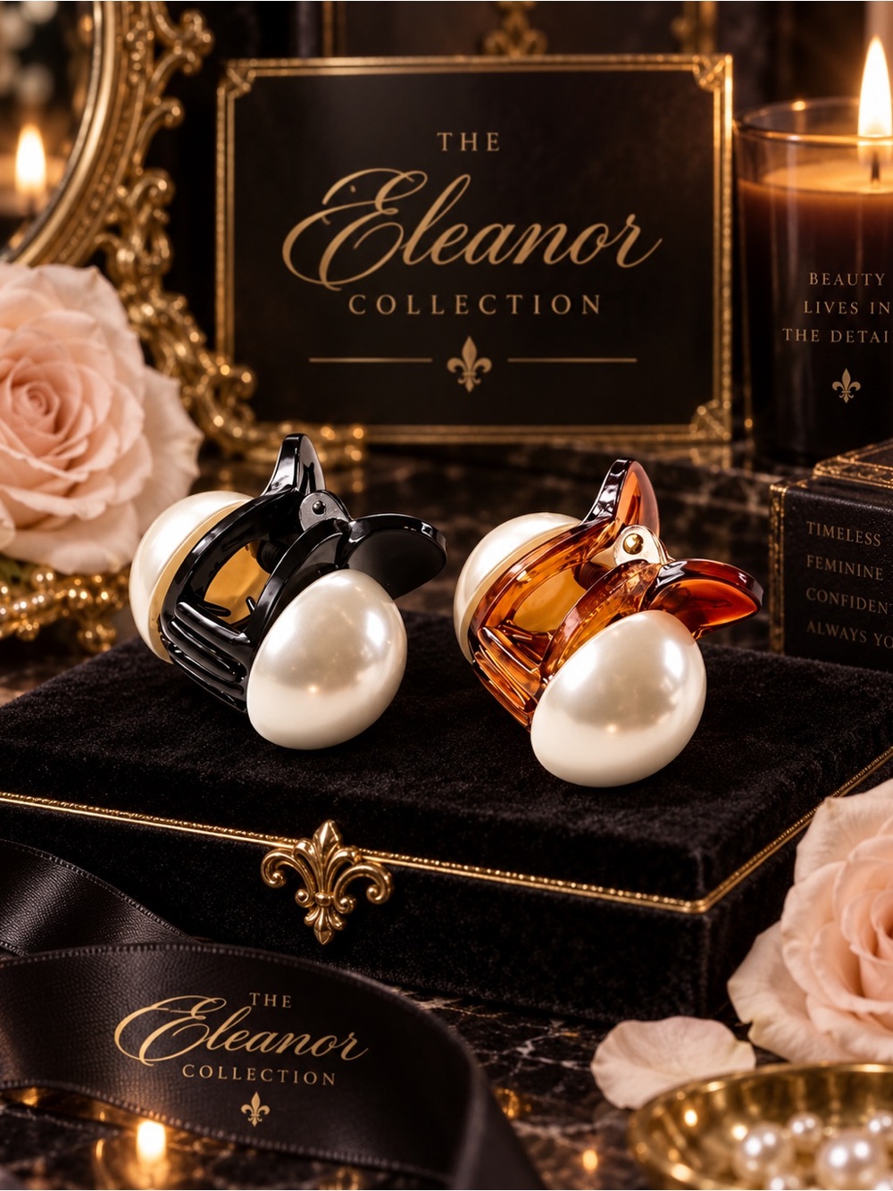 The Eleanor Collection Pearl Mini Hair Claw Clip Set of 2 Black & Amber